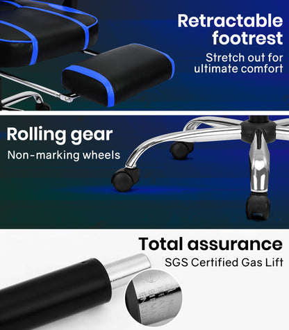 OVERDRIVE Gaming Chair Racing Computer PC Seat Office Reclining Footrest Blue - Cosy Abode