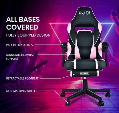 OVERDRIVE Gaming Chair Pink Racing Computer Office Ergonomic Reclining Footrest - Cosy Abode