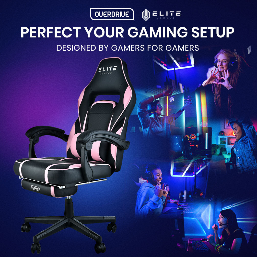 OVERDRIVE Gaming Chair Pink Racing Computer Office Ergonomic Reclining Footrest - Cosy Abode