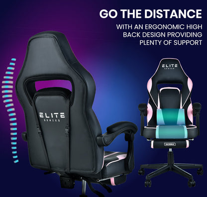 OVERDRIVE Gaming Chair Pink Racing Computer Office Ergonomic Reclining Footrest - Cosy Abode
