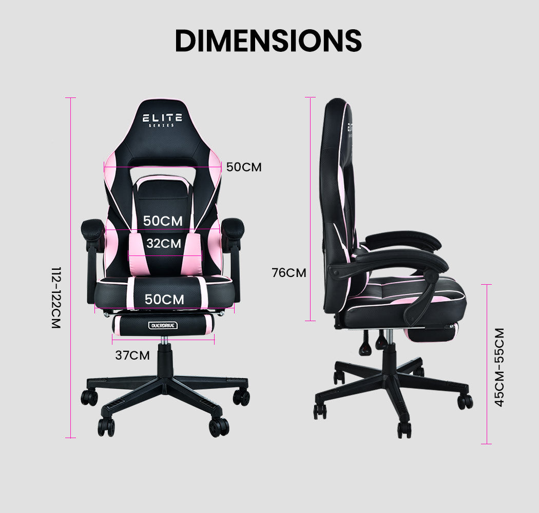 OVERDRIVE Gaming Chair Pink Racing Computer Office Ergonomic Reclining Footrest - Cosy Abode