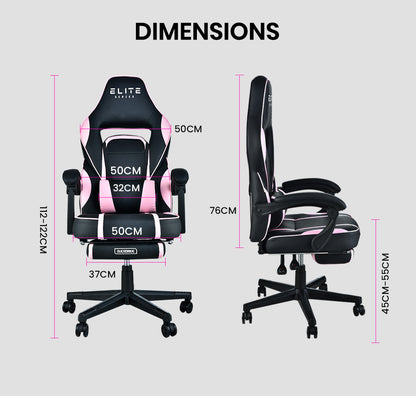 OVERDRIVE Gaming Chair Pink Racing Computer Office Ergonomic Reclining Footrest - Cosy Abode