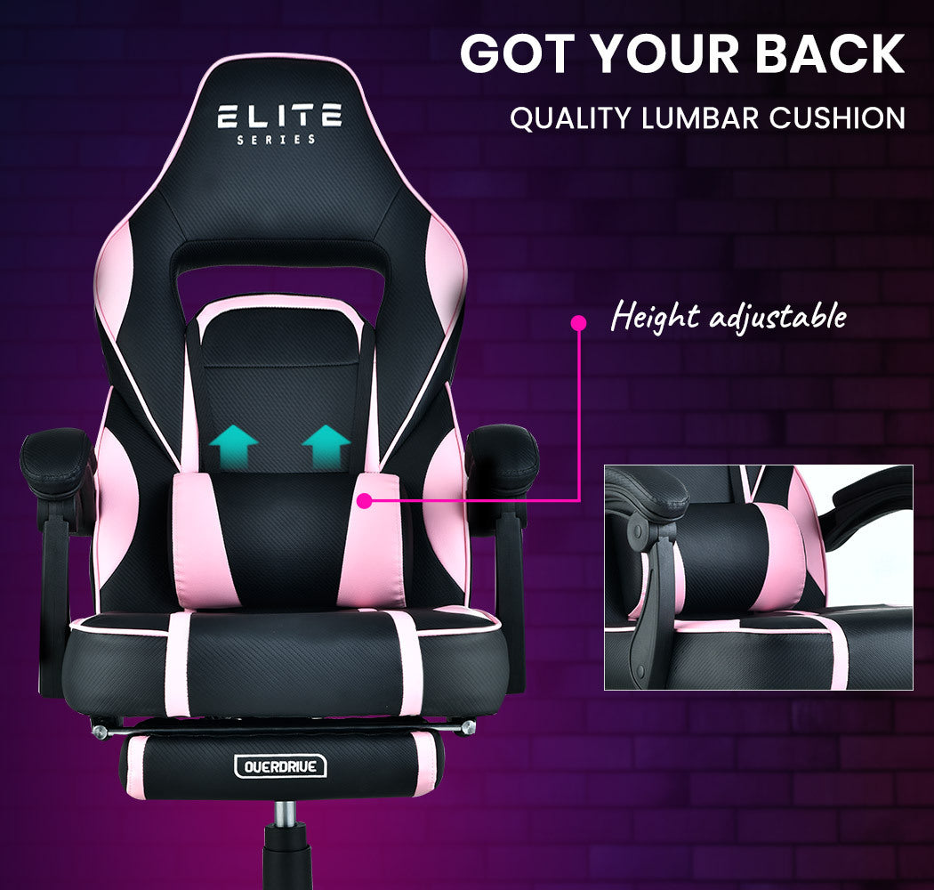 OVERDRIVE Gaming Chair Pink Racing Computer Office Ergonomic Reclining Footrest - Cosy Abode