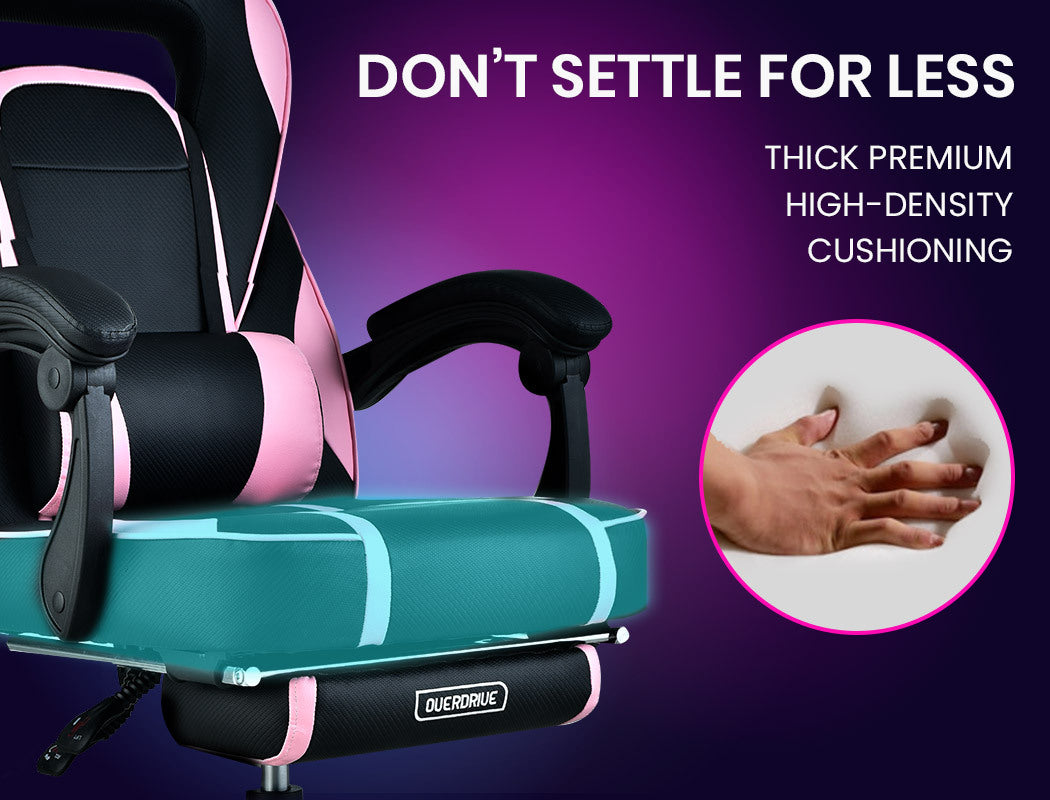 OVERDRIVE Gaming Chair Pink Racing Computer Office Ergonomic Reclining Footrest - Cosy Abode