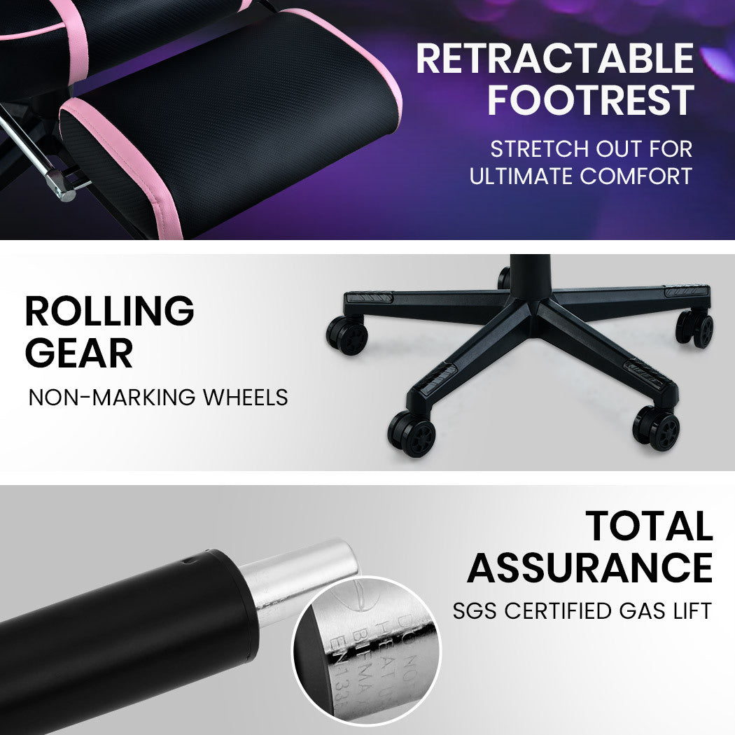 OVERDRIVE Gaming Chair Pink Racing Computer Office Ergonomic Reclining Footrest - Cosy Abode