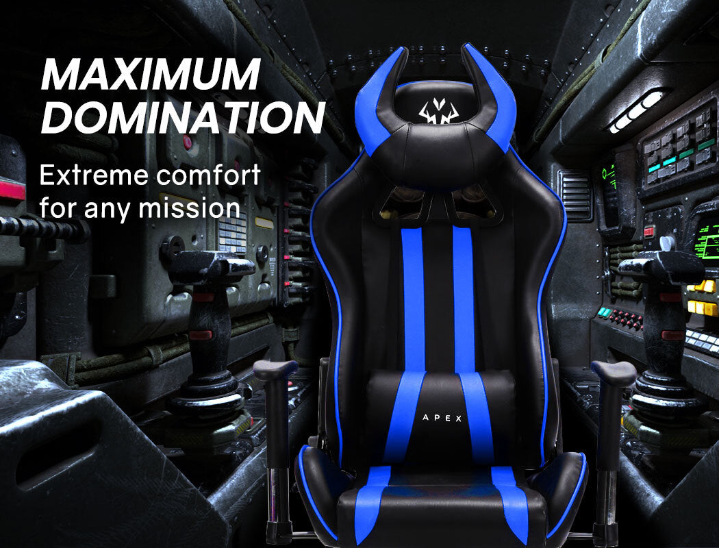 OVERDRIVE Diablo Reclining Gaming Chair Black & Blue Computer Lumbar Office Horns - Cosy Abode