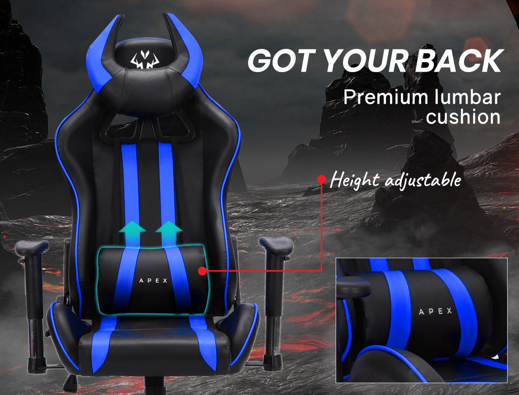 OVERDRIVE Diablo Reclining Gaming Chair Black & Blue Computer Lumbar Office Horns - Cosy Abode