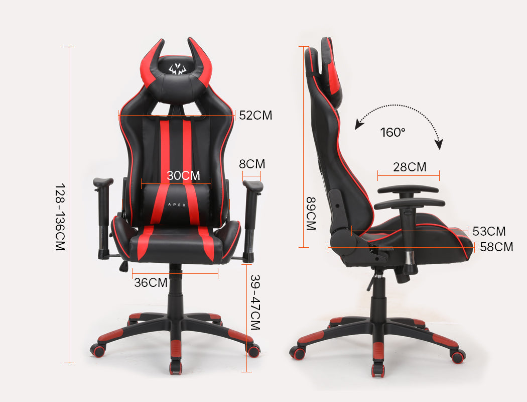 OVERDRIVE Diablo Reclining Gaming Chair Black & Red Office Computer Seat Neck Lumbar Horns - Cosy Abode