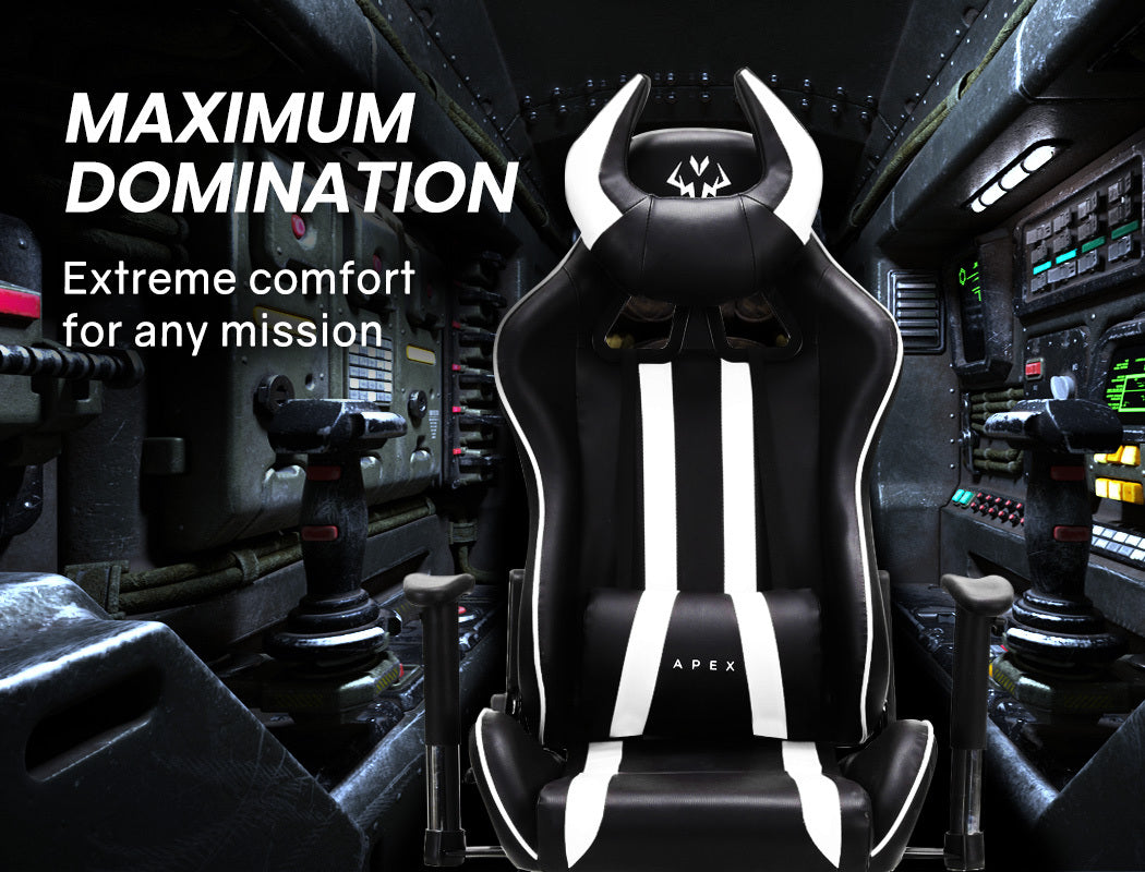 OVERDRIVE Diablo Reclining Gaming Chair Black & White Seat Computer Office Neck Lumbar Horns - Cosy Abode