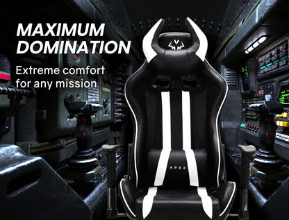 OVERDRIVE Diablo Reclining Gaming Chair Black & White Seat Computer Office Neck Lumbar Horns - Cosy Abode