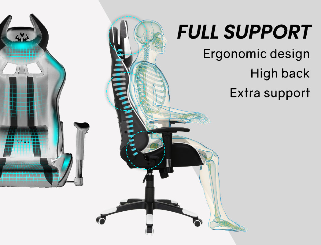 OVERDRIVE Diablo Reclining Gaming Chair Black & White Seat Computer Office Neck Lumbar Horns - Cosy Abode