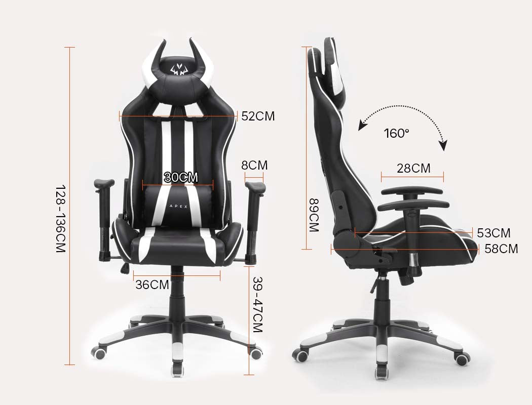OVERDRIVE Diablo Reclining Gaming Chair Black & White Seat Computer Office Neck Lumbar Horns - Cosy Abode