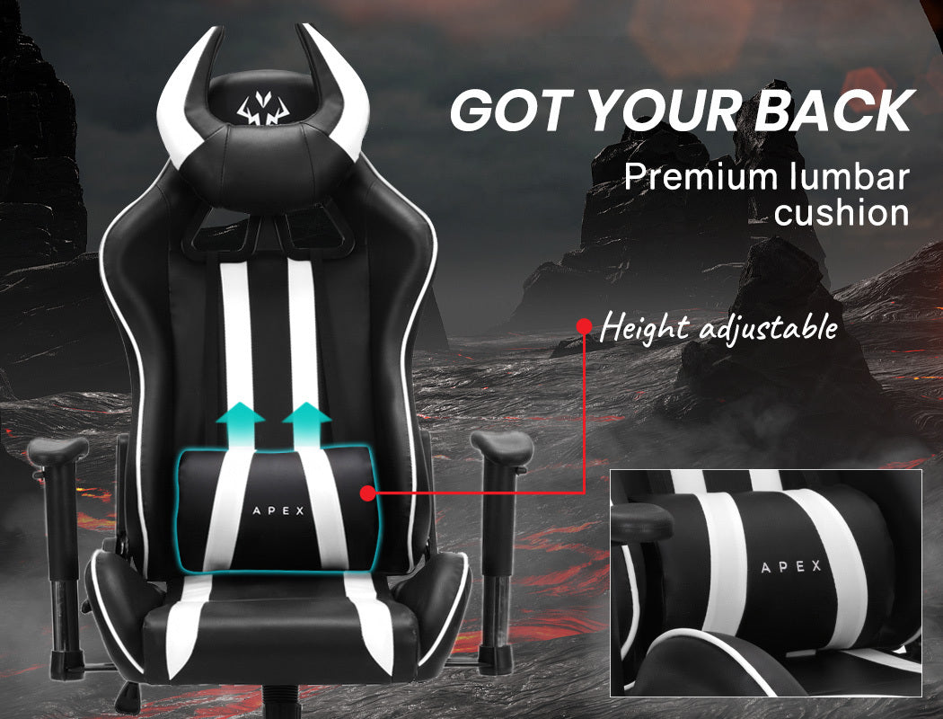 OVERDRIVE Diablo Reclining Gaming Chair Black & White Seat Computer Office Neck Lumbar Horns - Cosy Abode