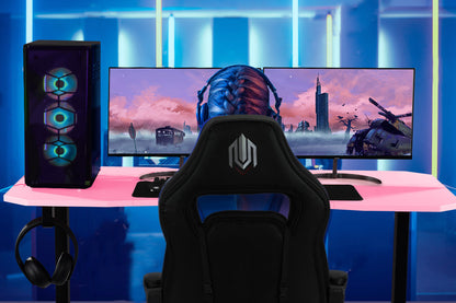 OVERDRIVE Gaming PC Desk Carbon Fiber Style, Pink and Black, with Headset Holder, Gaming Mouse Pad - Cosy Abode