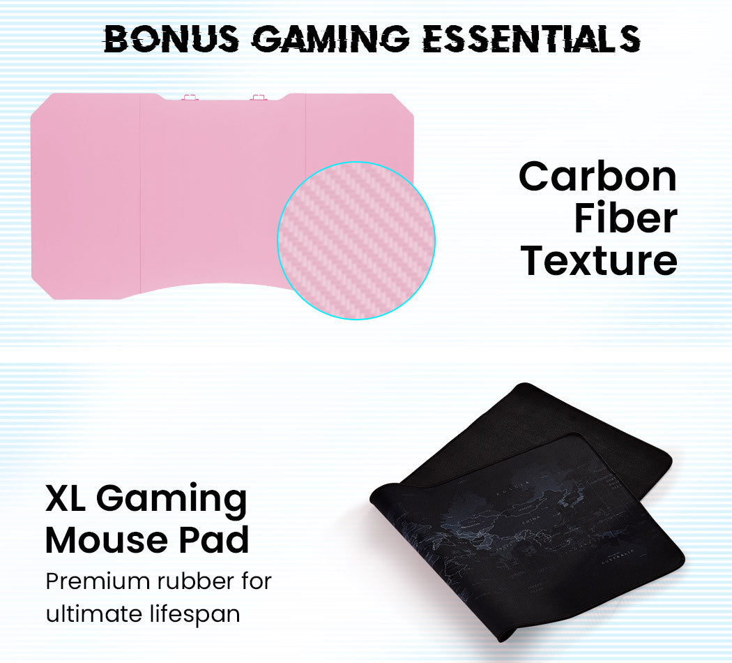 OVERDRIVE Gaming PC Desk Carbon Fiber Style, Pink and Black, with Headset Holder, Gaming Mouse Pad - Cosy Abode