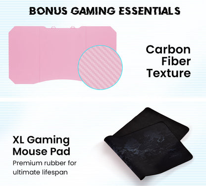 OVERDRIVE Gaming PC Desk Carbon Fiber Style, Pink and Black, with Headset Holder, Gaming Mouse Pad - Cosy Abode