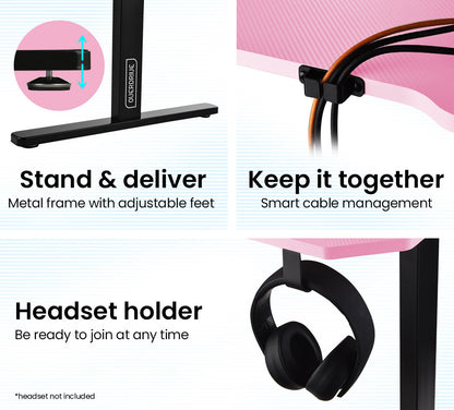 OVERDRIVE Gaming PC Desk Carbon Fiber Style, Pink and Black, with Headset Holder, Gaming Mouse Pad - Cosy Abode