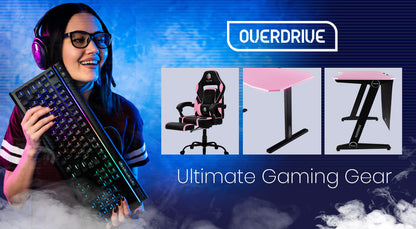 OVERDRIVE Gaming PC Desk Carbon Fiber Style, Pink and Black, with Headset Holder, Gaming Mouse Pad - Cosy Abode