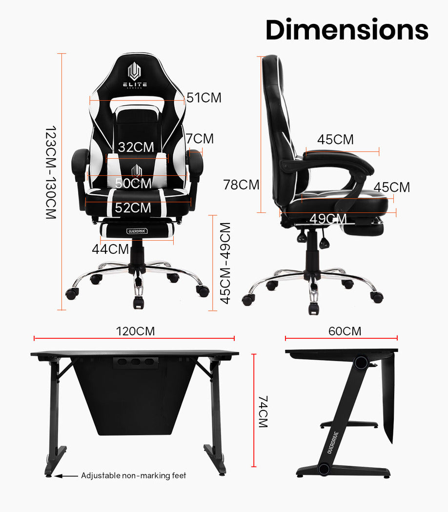 OVERDRIVE Gaming Chair Desk Racing Seat Setup PC Combo Office Black Table Foot - Cosy Abode