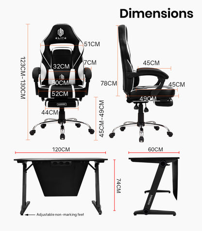 OVERDRIVE Gaming Chair Desk Racing Seat Setup PC Combo Office Black Table Foot - Cosy Abode