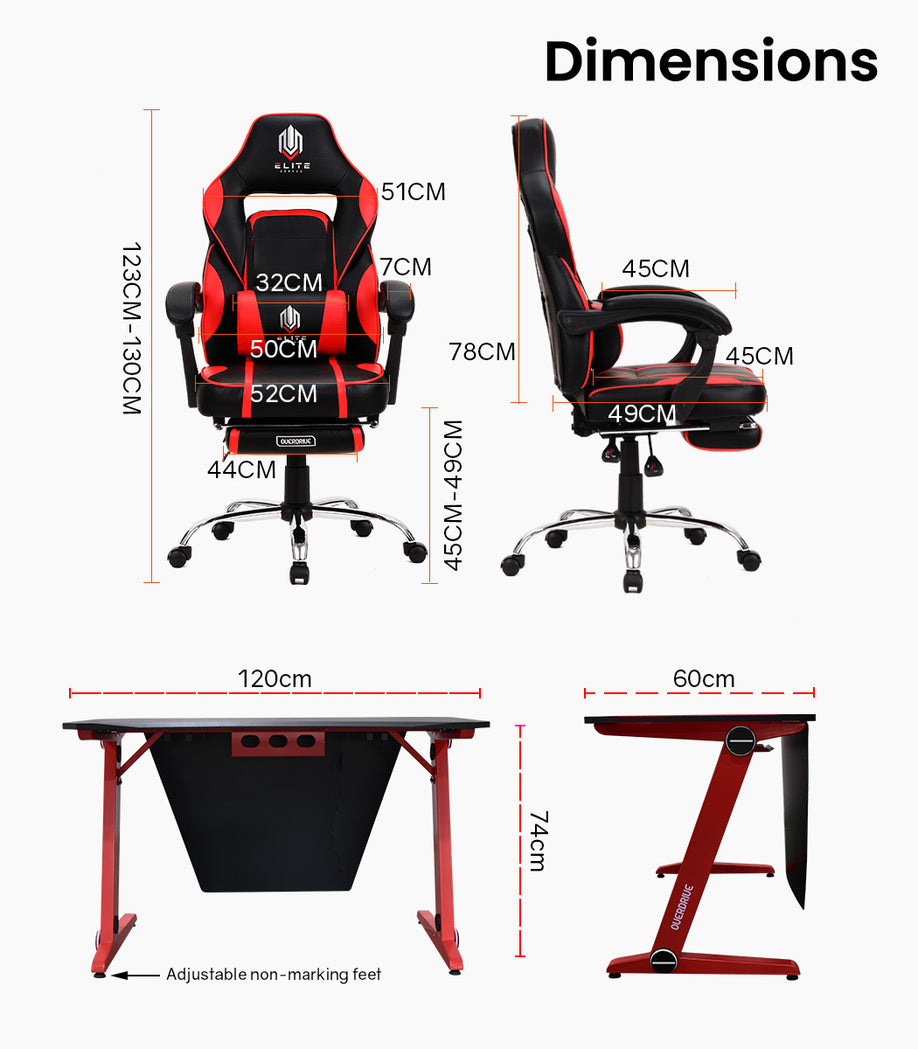 OVERDRIVE Gaming Chair Desk Racing Seat Setup PC Combo Office Table Black Red - Cosy Abode
