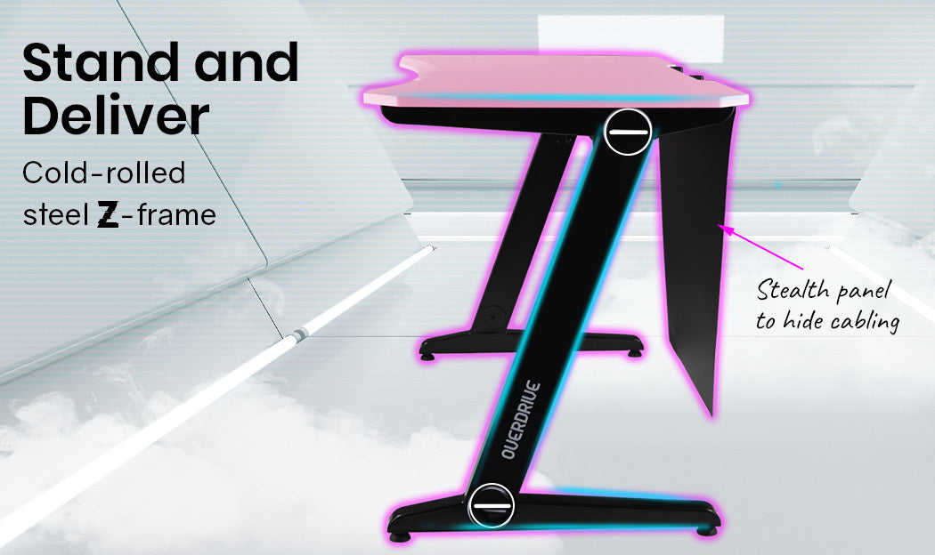 OVERDRIVE Gaming Computer PC Desk Z-Style, Pink and Black, Cable Management - Cosy Abode