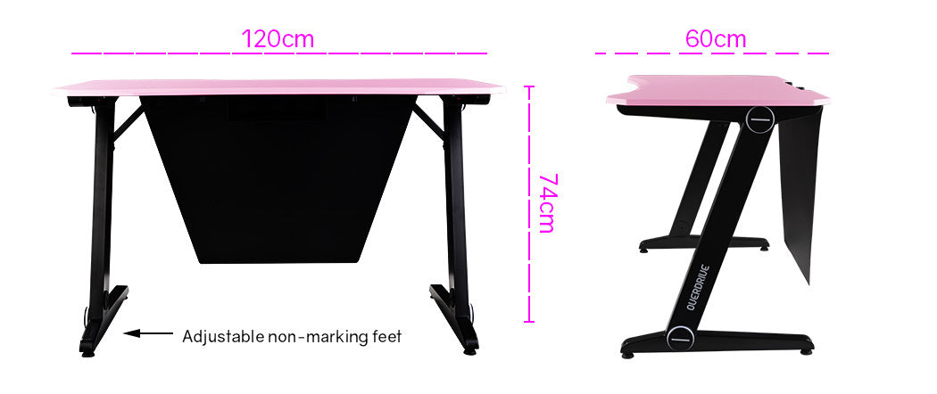 OVERDRIVE Gaming Computer PC Desk Z-Style, Pink and Black, Cable Management - Cosy Abode