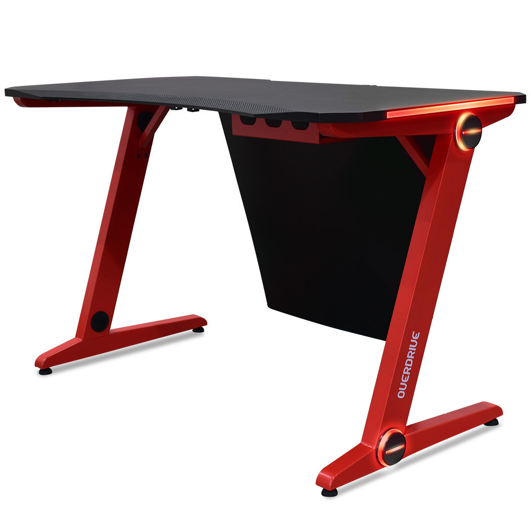 OVERDRIVE Gaming Desk 120cm  Computer Black PC Red LED Lights Carbon Fiber Look - Cosy Abode