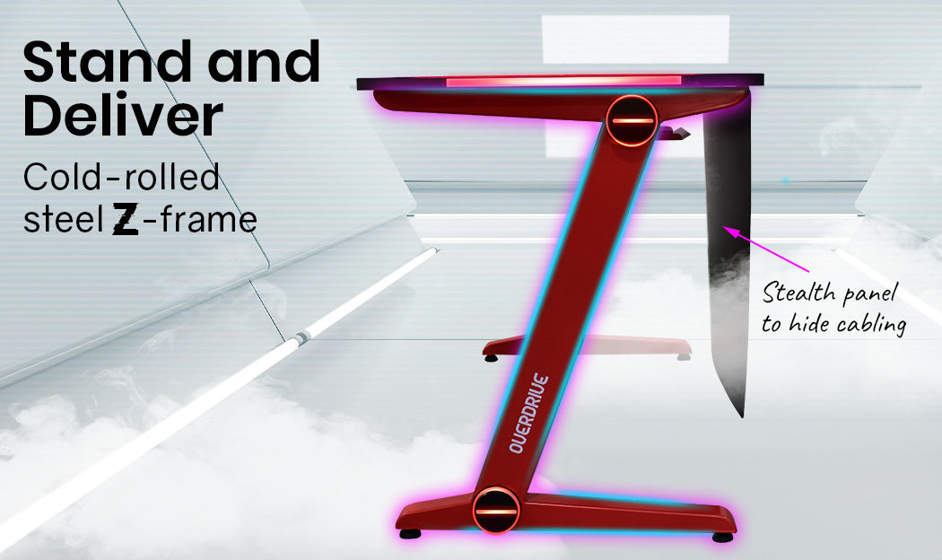 OVERDRIVE Gaming Desk 120cm  Computer Black PC Red LED Lights Carbon Fiber Look - Cosy Abode