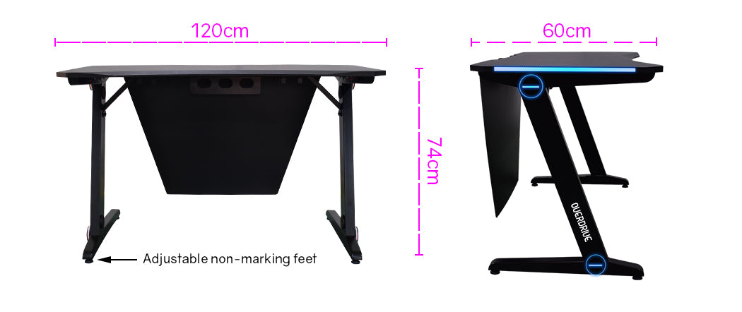 OVERDRIVE Gaming Desk 120cm  Computer Black PC Blue LED Lights Carbon Fiber Look - Cosy Abode