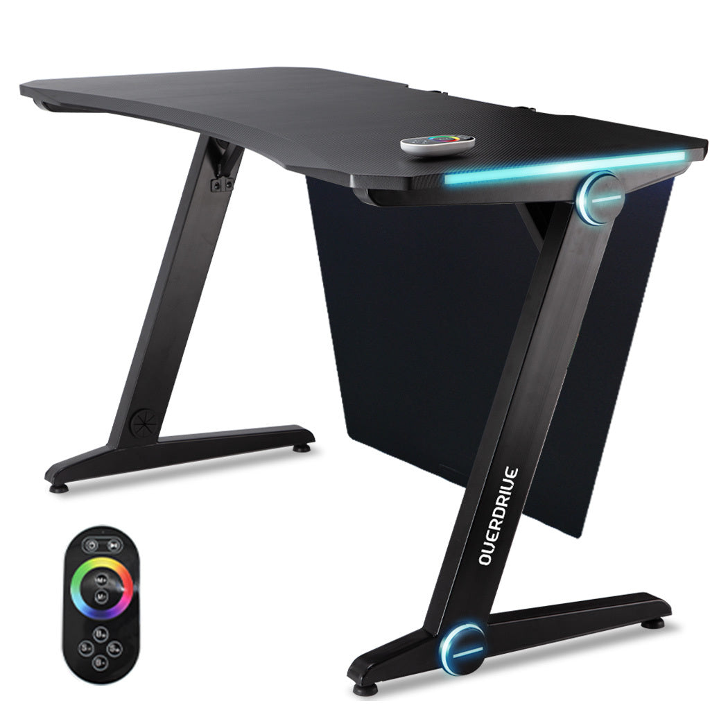 OVERDRIVE Gaming Desk 120cm PC Computer LED Lights Carbon Fibre Style Black RGB - Cosy Abode