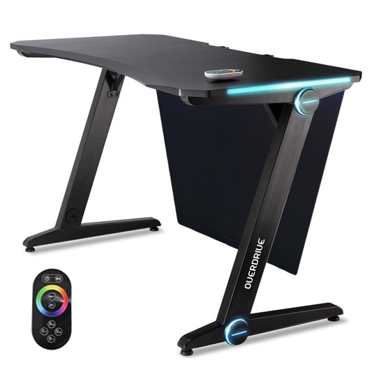 OVERDRIVE Gaming Desk 120cm PC Computer LED Lights Carbon Fibre Style Black RGB - Cosy Abode