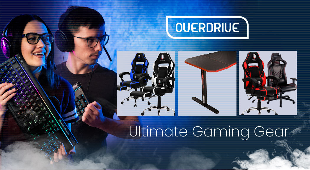 OVERDRIVE Gaming Chair Desk Racing Seat Setup PC Black Office Table Foot Combo - Cosy Abode