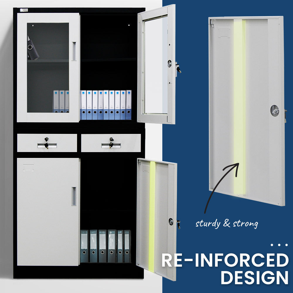 FORTIA Stationery Cabinet Office Storage Metal Lockable 4 Door Cupboard Drawers - Cosy Abode
