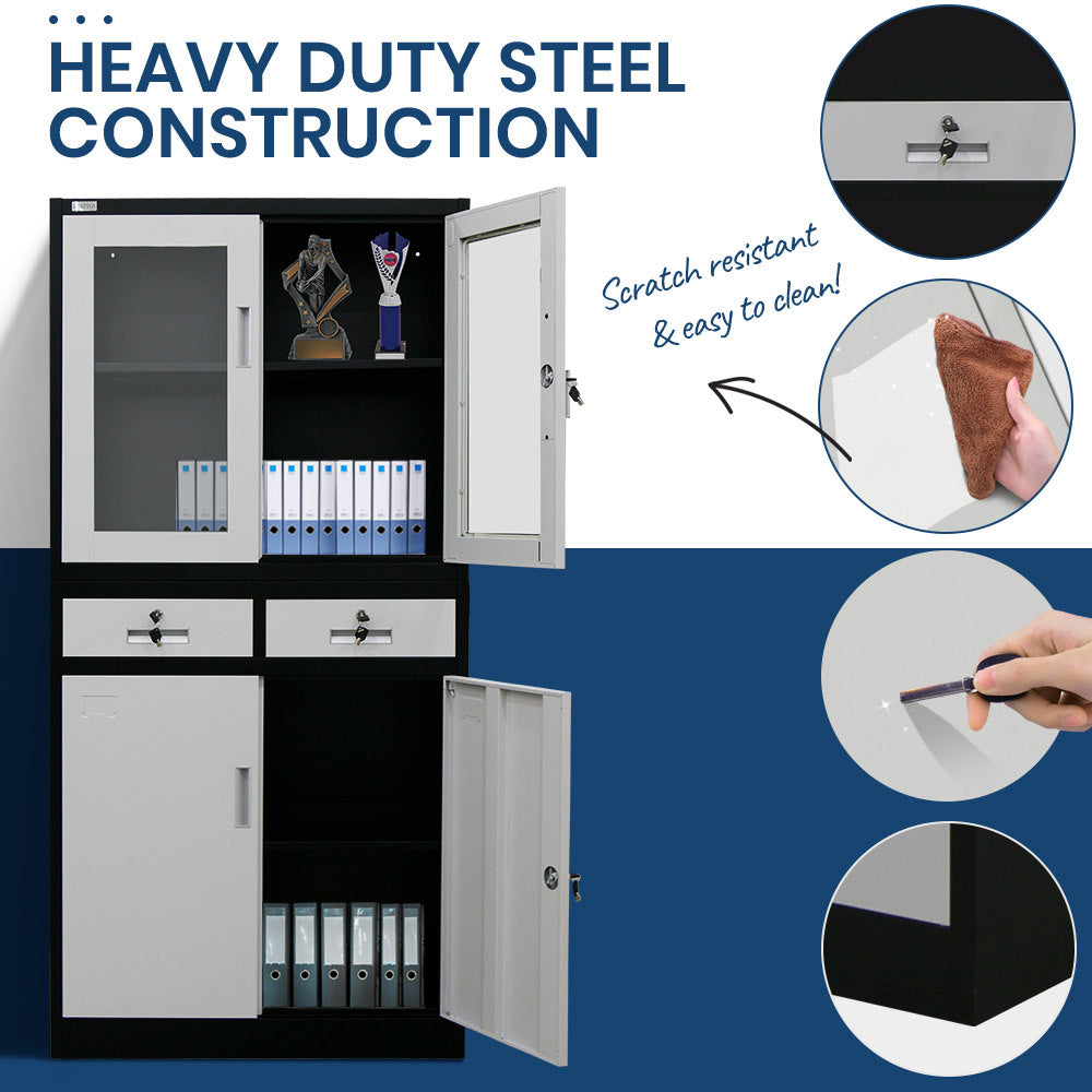 FORTIA Stationery Cabinet Office Storage Metal Lockable 4 Door Cupboard Drawers - Cosy Abode