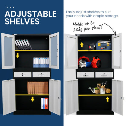 FORTIA Stationery Cabinet Office Storage Metal Lockable 4 Door Cupboard Drawers - Cosy Abode