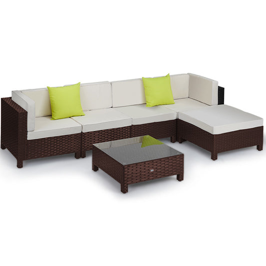LONDON RATTAN 6pc Sofa Outdoor Furniture Brown Wicker Lounge Set Setting Pool - Cosy Abode