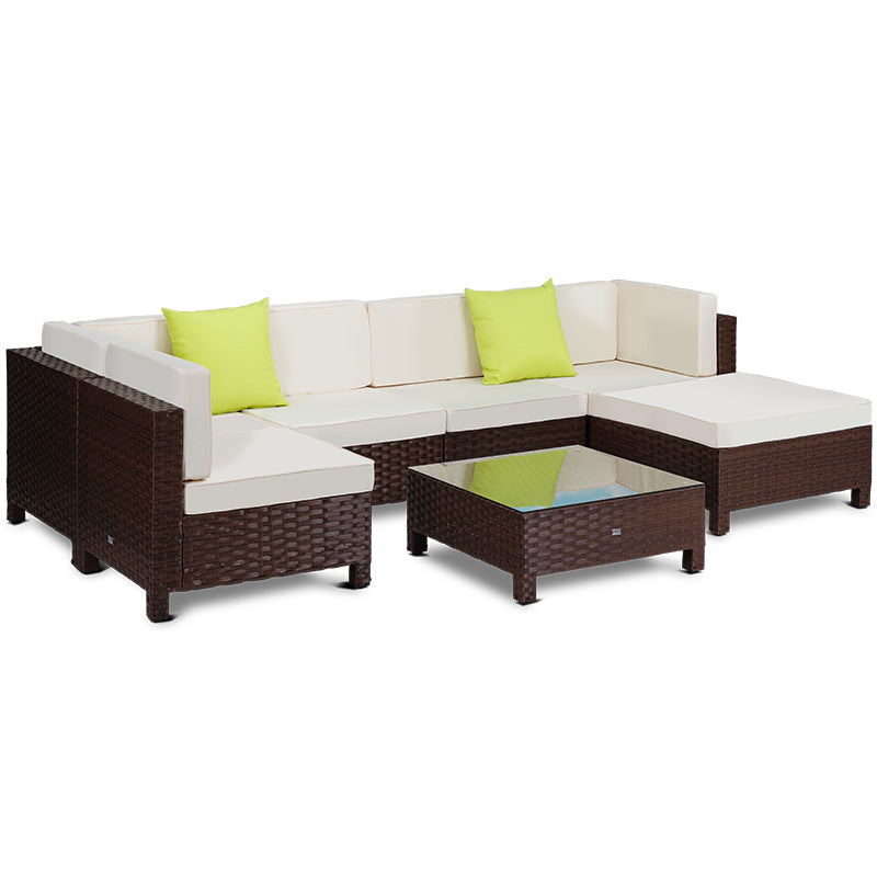 LONDON RATTAN 7pc Sofa Outdoor Furniture Brown Wicker Lounge Set Setting Pool - Cosy Abode