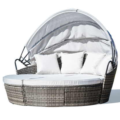 LONDON RATTAN 3PC Outdoor Daybed Patio Rattan Sofa Sun Lounge Furniture Grey Wicker Off White Canopy - Cosy Abode