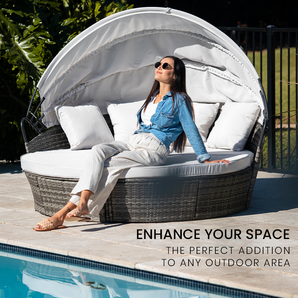 LONDON RATTAN 3PC Outdoor Daybed Patio Rattan Sofa Sun Lounge Furniture Grey Wicker Off White Canopy - Cosy Abode