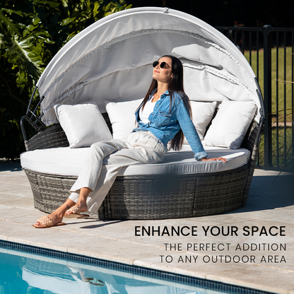 LONDON RATTAN 3PC Outdoor Daybed Patio Rattan Sofa Sun Lounge Furniture Grey Wicker Off White Canopy - Cosy Abode