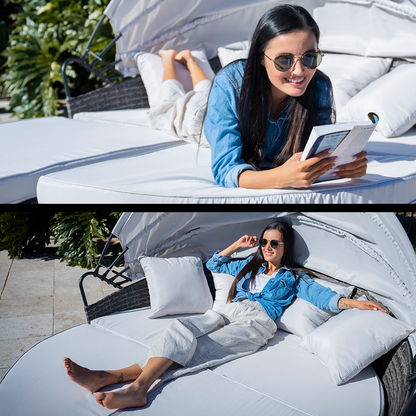 LONDON RATTAN 3PC Outdoor Daybed Patio Rattan Sofa Sun Lounge Furniture Grey Wicker Off White Canopy - Cosy Abode