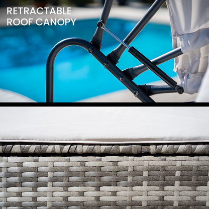 LONDON RATTAN 3PC Outdoor Daybed Patio Rattan Sofa Sun Lounge Furniture Grey Wicker Off White Canopy - Cosy Abode