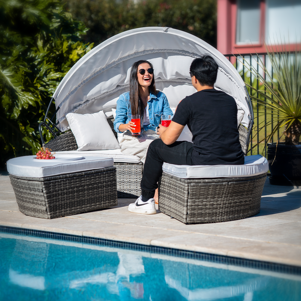 LONDON RATTAN 3PC Outdoor Daybed Patio Rattan Sofa Sun Lounge Furniture Grey Wicker Off White Canopy - Cosy Abode