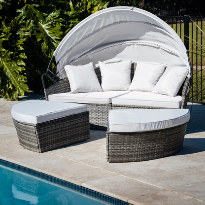 LONDON RATTAN 3PC Outdoor Daybed Patio Rattan Sofa Sun Lounge Furniture Grey Wicker Off White Canopy - Cosy Abode