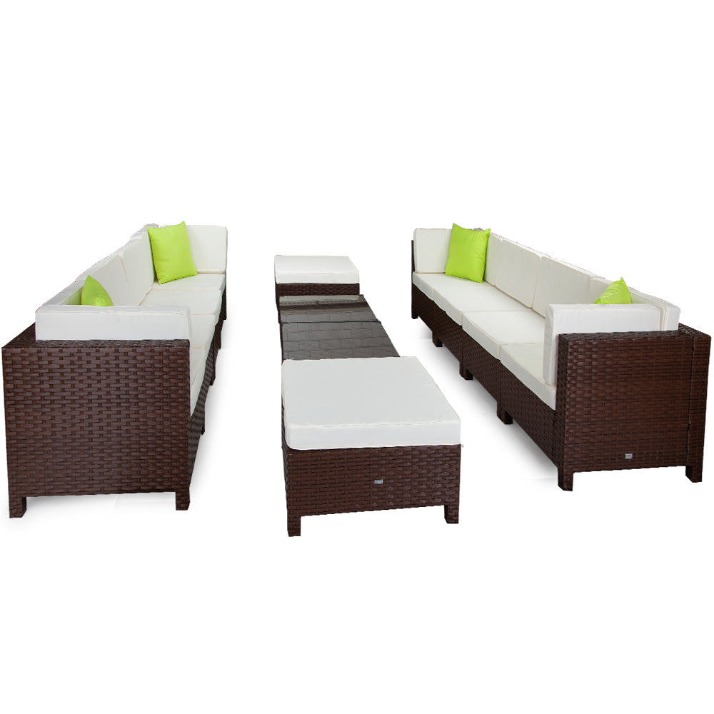 LONDON RATTAN 12pc Outdoor Lounge Furniture Setting Patio Brown Wicker Sofa Set - Cosy Abode