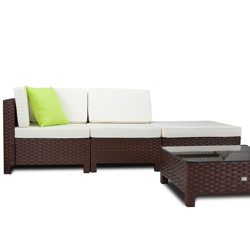 LONDON RATTAN 4pc Outdoor Furniture Setting Lounge Wicker Patio Sofa Set Brown - Cosy Abode