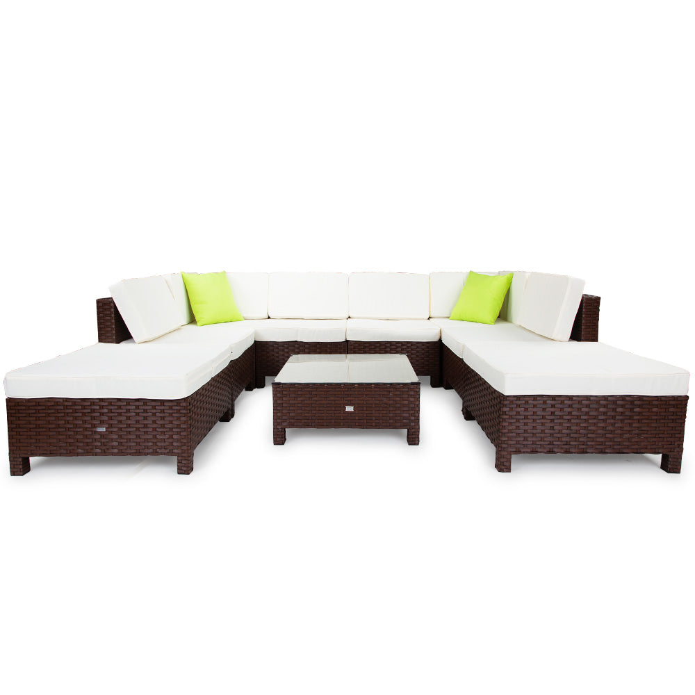 LONDON RATTAN 9pc Outdoor Furniture Setting Wicker Lounge Brown Patio Sofa Set - Cosy Abode