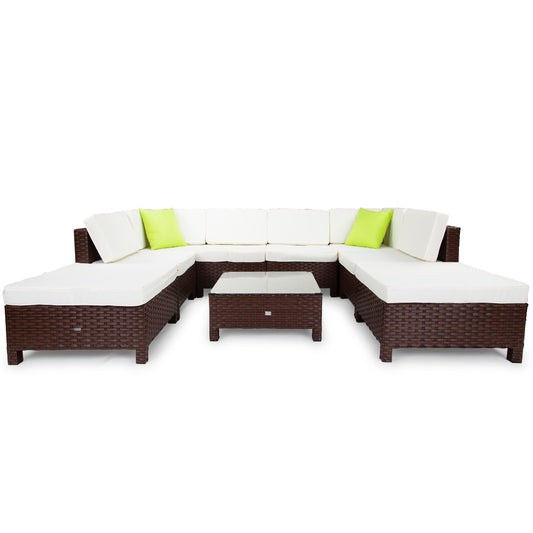 LONDON RATTAN 9pc Outdoor Furniture Setting Wicker Lounge Brown Patio Sofa Set - Cosy Abode
