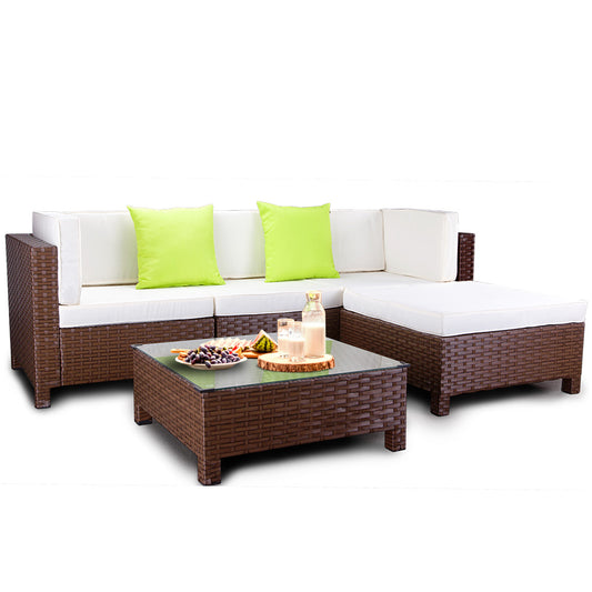 LONDON RATTAN 5pc Outdoor Furniture Setting Lounge Wicker Sofa Set Patio Brown - Cosy Abode